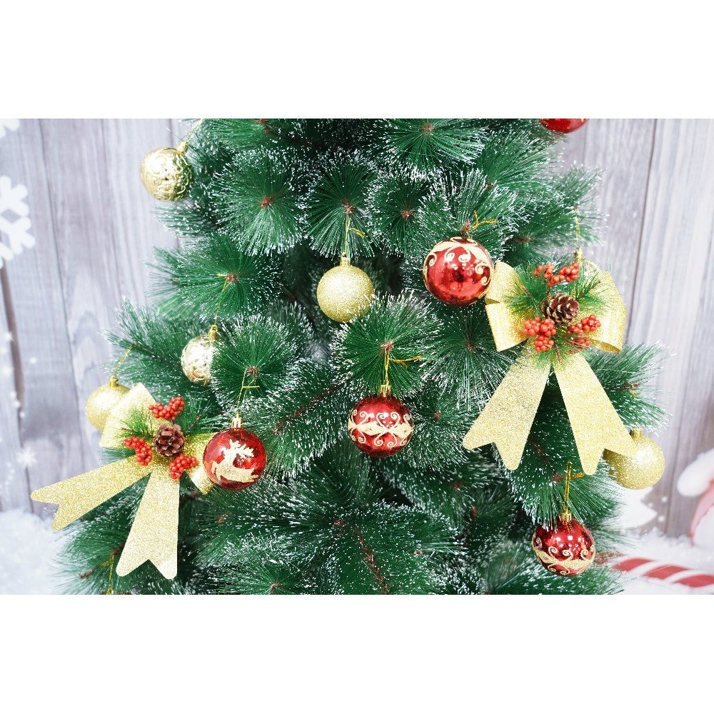 Set brad artificial de Craciun si elemente decorative tip pin inzapezit, inaltime 210 cm, diametru 115 cm, 350 ramuri cu ace 3D 12 cm, Kadeny, verde cu varfuri, ninse, suport metalic inclus