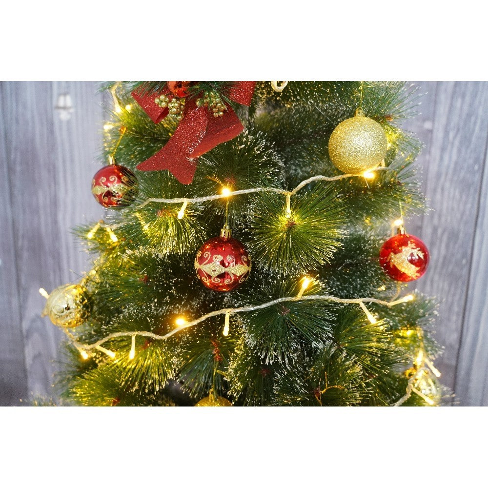 Set brad artificial de Craciun si elemente decorative tip pin inzapezit, inaltime 210 cm, diametru 115 cm, 350 ramuri cu ace 3D 12 cm, Kadeny, verde cu varfuri, ninse, suport metalic inclus