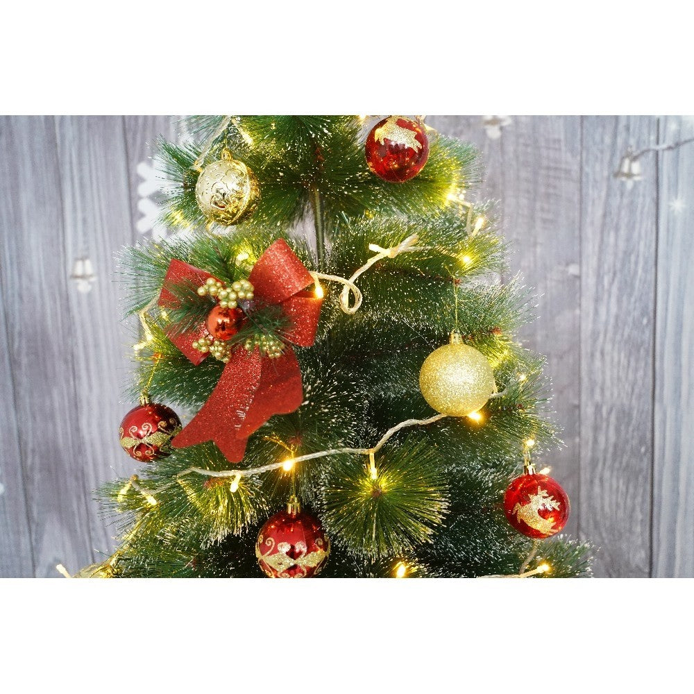 Set brad artificial de Craciun si elemente decorative tip pin inzapezit, inaltime 210 cm, diametru 115 cm, 350 ramuri cu ace 3D 12 cm, Kadeny, verde cu varfuri, ninse, suport metalic inclus