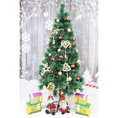 Set brad artificial de Craciun si elemente decorative tip pin inzapezit, inaltime 210 cm, diametru 115 cm, 350 ramuri cu ace 3D 12 cm, Kadeny, verde cu varfuri, ninse, suport metalic inclus