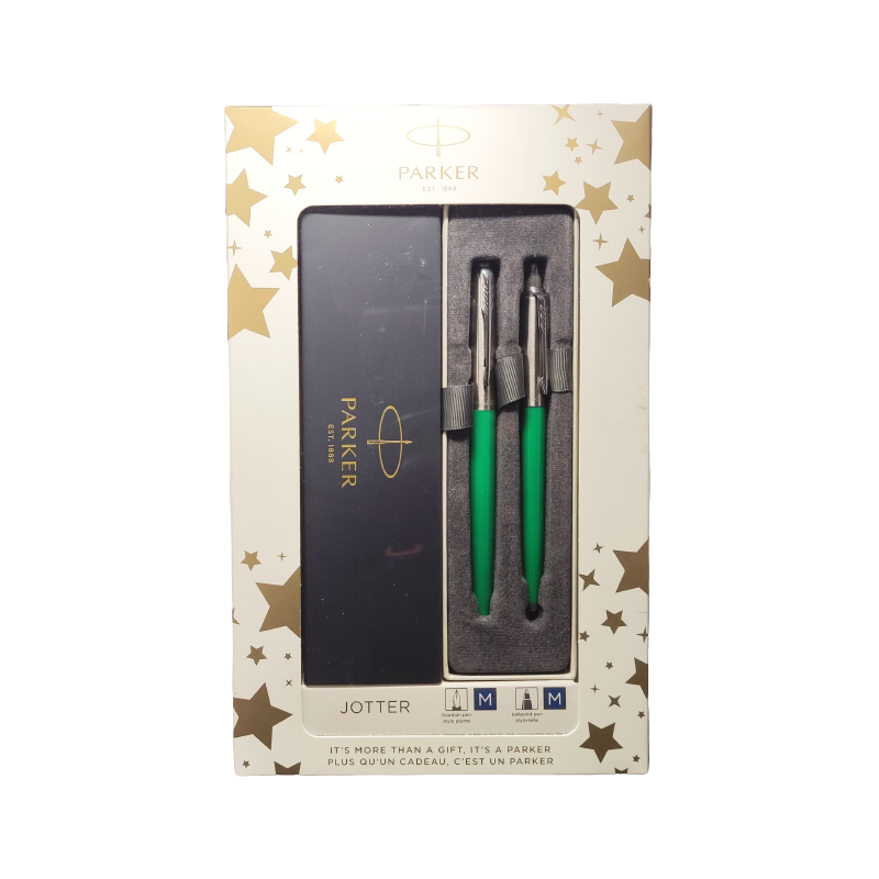 Set cadou stilou + pix Parker Jotter clasic, corp metalic verde
