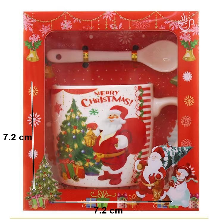 Set cana ceramica cu lingurita Kadeny, 200 ml, tematica Mos Craciun cu brad, alb