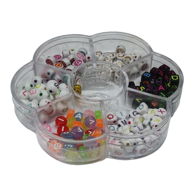 Accesorii creatie - margele litere, zambareti plastic, diverse culori, cutie forma floare, Cnx