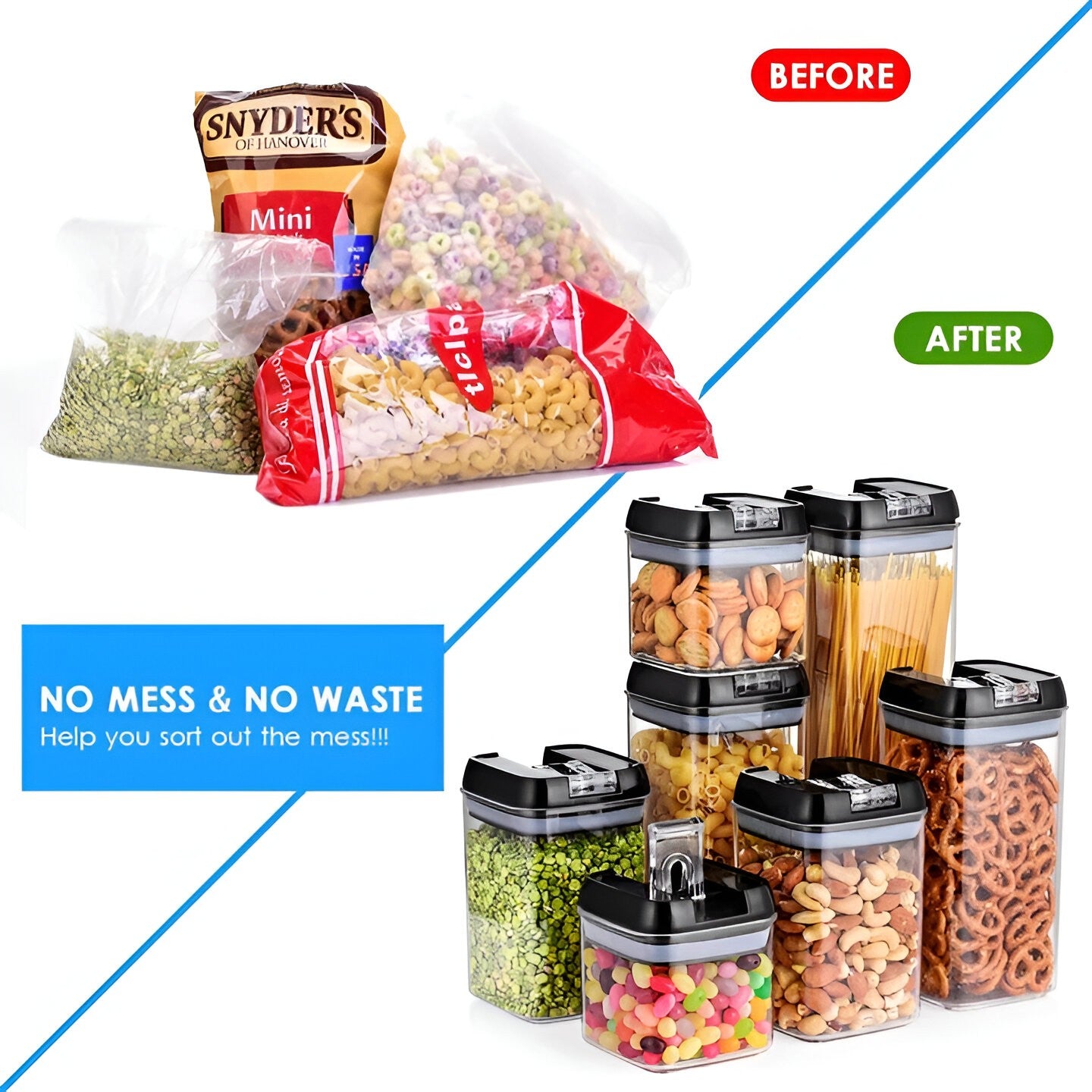 Set Cutii de Depozitare a Alimentelor, Kadeny, 7 Recipiente, 10 Etichete Reutilizabile, 4 Linguri, pentru Bucatarie, Spatula, Etansare, Fara BPA, Transparente, Capac Negru