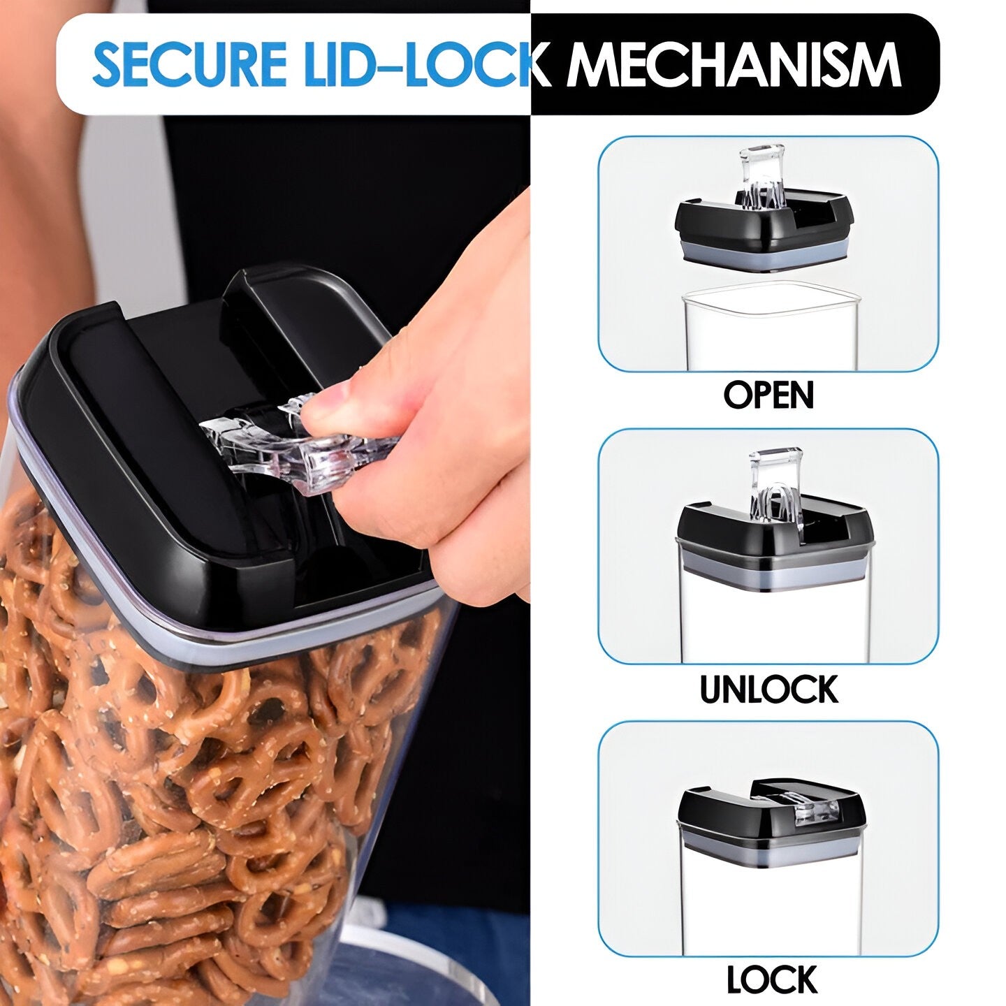 Set Cutii de Depozitare a Alimentelor, Kadeny, 7 Recipiente, 10 Etichete Reutilizabile, 4 Linguri, pentru Bucatarie, Spatula, Etansare, Fara BPA, Transparente, Capac Negru