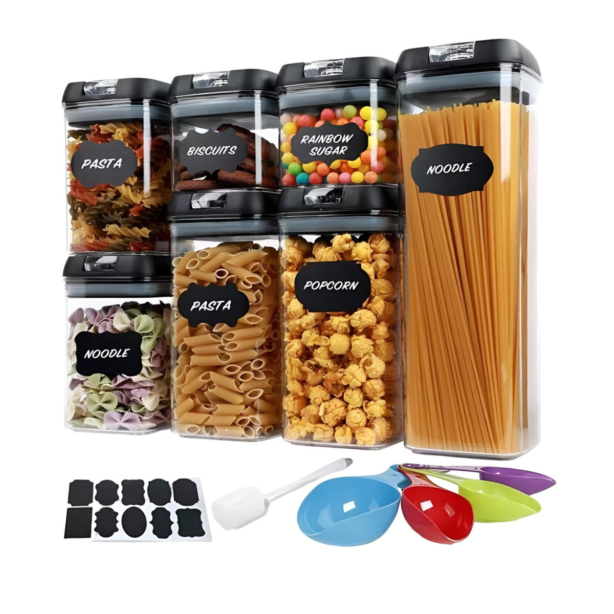 Set Cutii de Depozitare a Alimentelor, Kadeny, 7 Recipiente, 10 Etichete Reutilizabile, 4 Linguri, pentru Bucatarie, Spatula, Etansare, Fara BPA, Transparente, Capac Negru