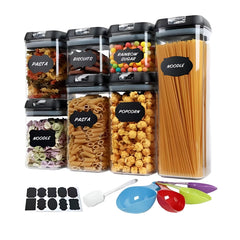 Set Cutii de Depozitare a Alimentelor, Kadeny, 7 Recipiente, 10 Etichete Reutilizabile, 4 Linguri, pentru Bucatarie, Spatula, Etansare, Fara BPA, Transparente, Capac Negru