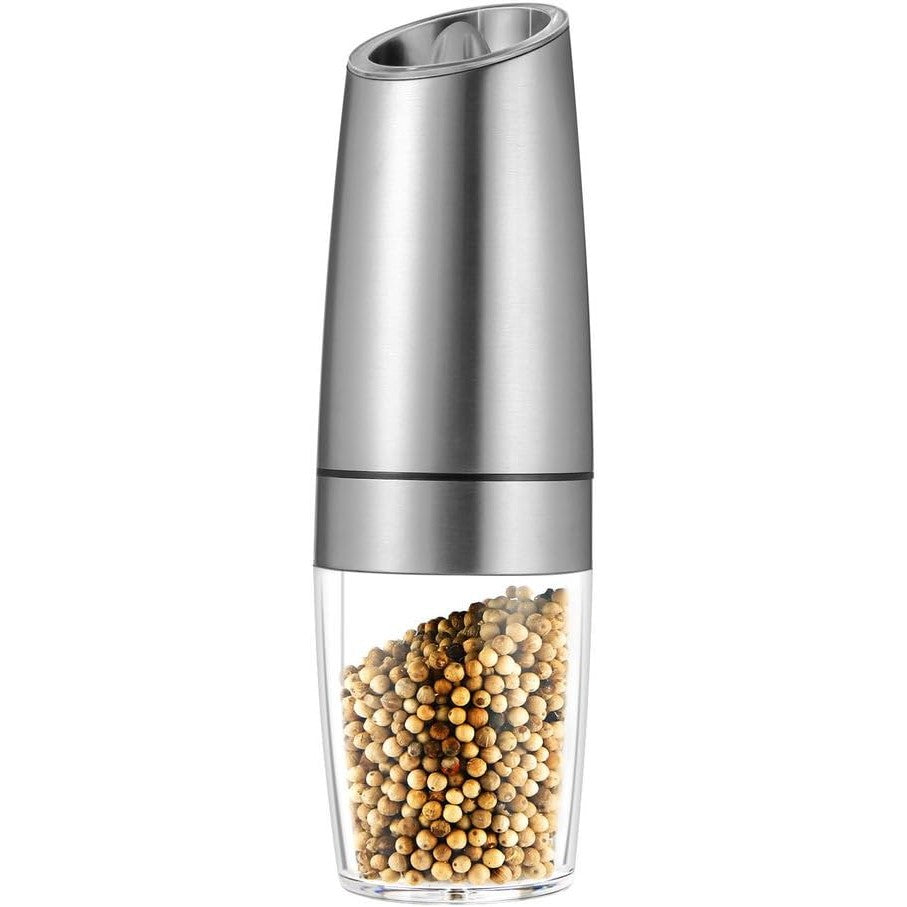 Set de 2 Rasnite electrice de Sare si Piper, Kadeny, cu Camere Depozitare Transparente, Macinare, Functionare pe Baterii, cu Lumina, ABS, 20x6.5 cm, Argintiu/Transparent