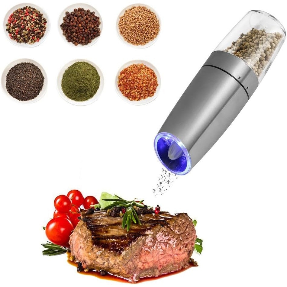 Set de 2 Rasnite electrice de Sare si Piper, Kadeny, cu Camere Depozitare Transparente, Macinare, Functionare pe Baterii, cu Lumina, ABS, 20x6.5 cm, Argintiu/Transparent