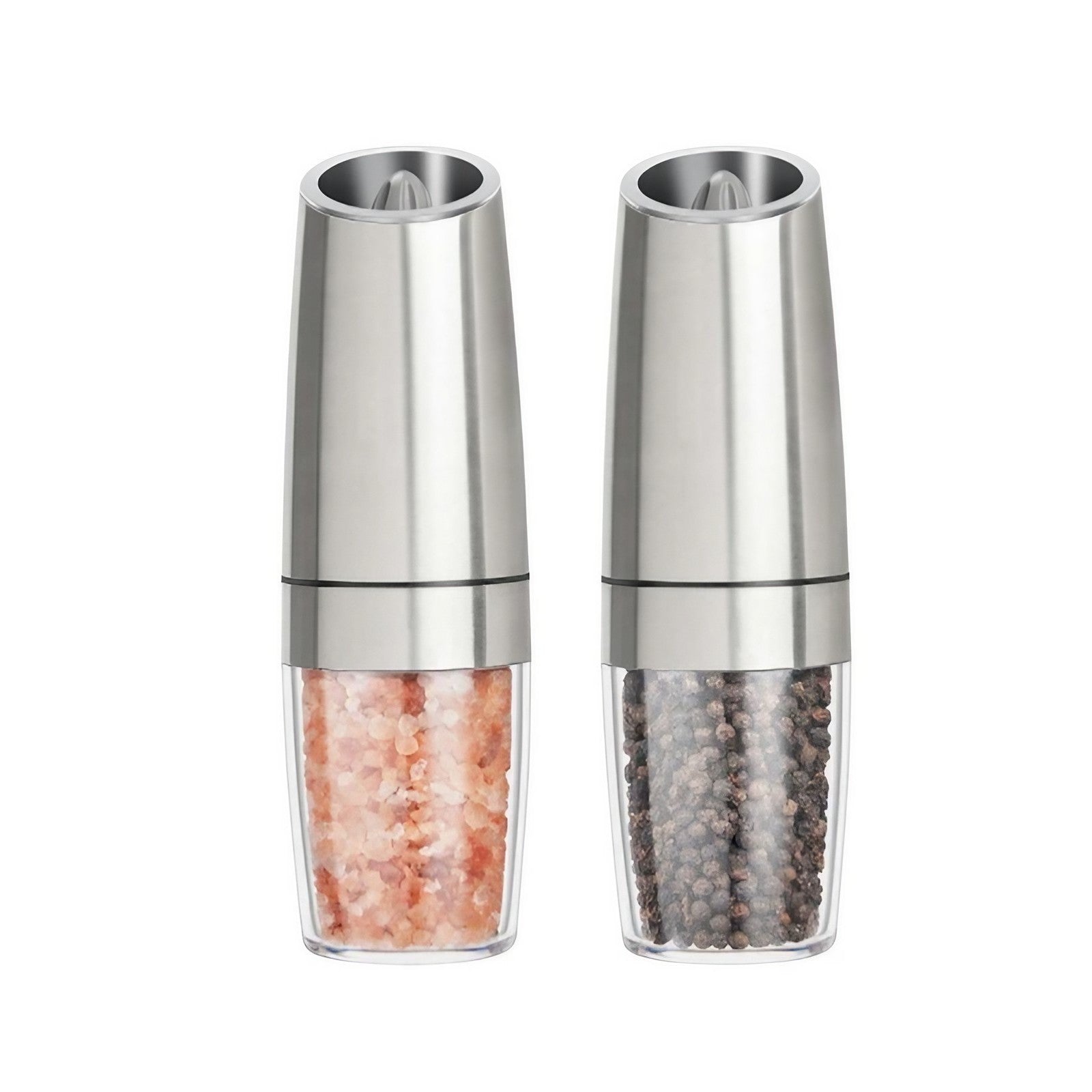 Set de 2 Rasnite electrice de Sare si Piper, Kadeny, cu Camere Depozitare Transparente, Macinare, Functionare pe Baterii, cu Lumina, ABS, 20x6.5 cm, Argintiu/Transparent