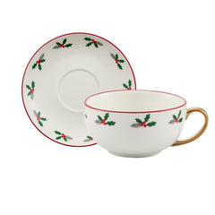 Set de Ceai, Kadeny, Tema Craciun, Ceainic 420 ml, Cana 310 ml, Farfurie, din Portelan, Model Happy Christmas, Rosu