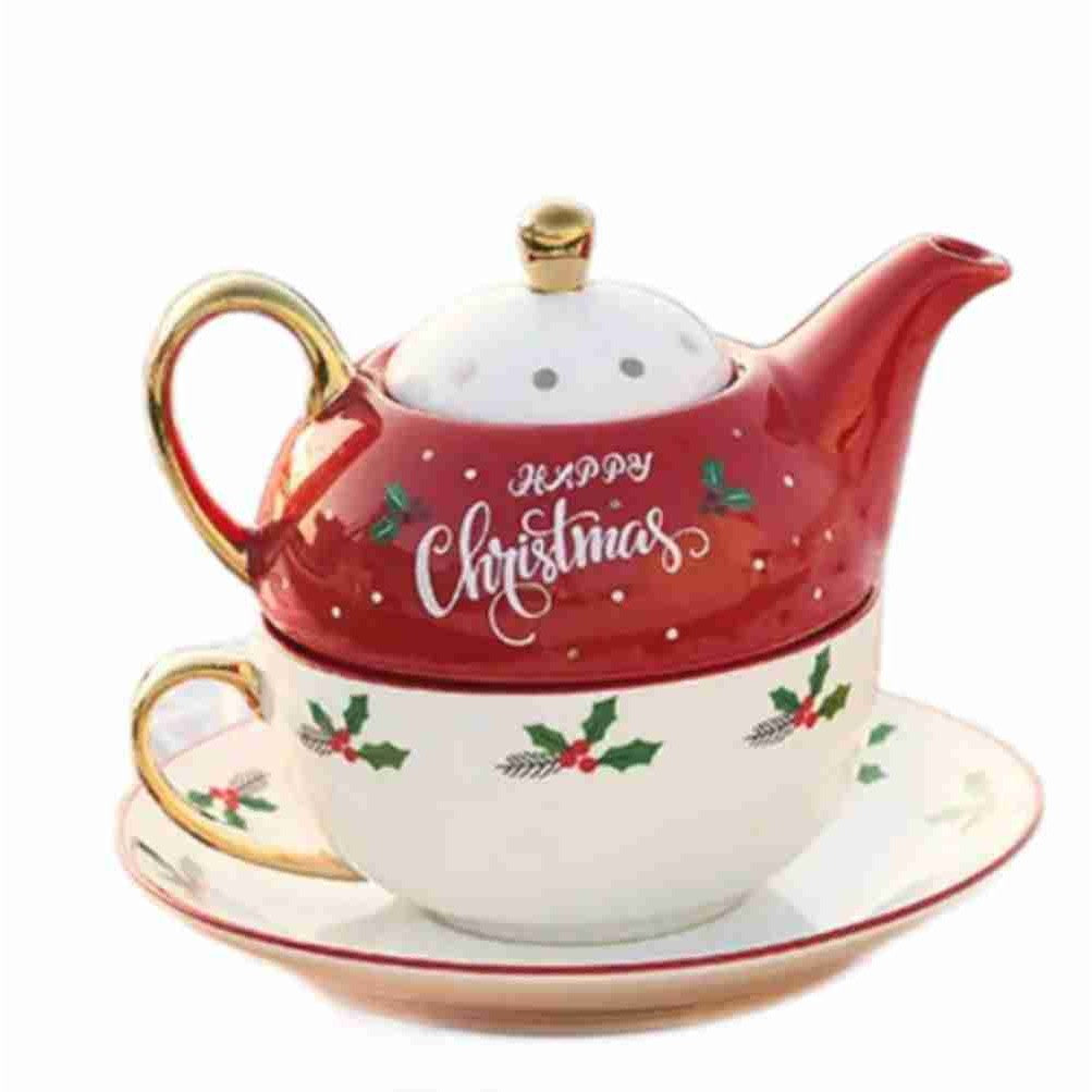 Set de Ceai, Kadeny, Tema Craciun, Ceainic 420 ml, Cana 310 ml, Farfurie, din Portelan, Model Happy Christmas, Rosu