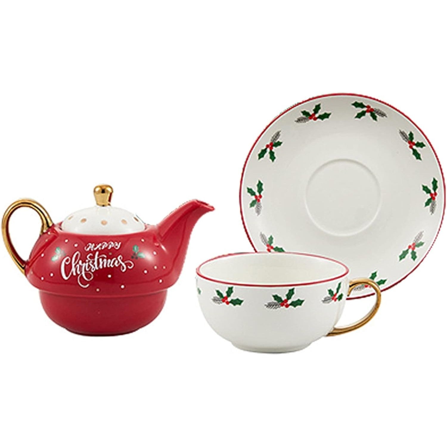 Set de Ceai, Kadeny, Tema Craciun, Ceainic 420 ml, Cana 310 ml, Farfurie, din Portelan, Model Happy Christmas, Rosu
