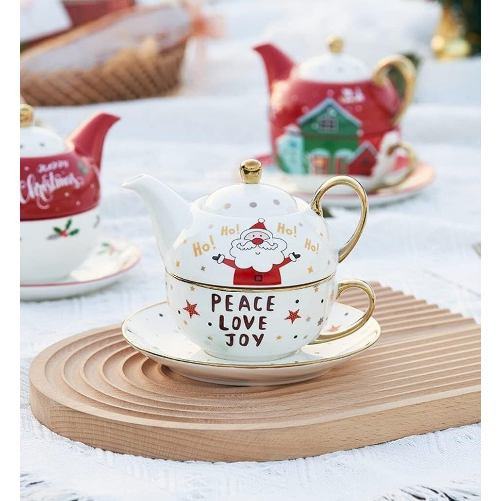Set de Ceai, Kadeny, Tema Craciun, Ceainic 420 ml, Cana 310 ml, Farfurie, din Portelan, Model Mos Craciun, Alb
