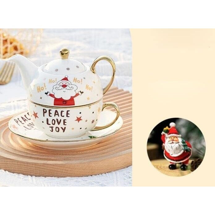 Set de Ceai, Kadeny, Tema Craciun, Ceainic 420 ml, Cana 310 ml, Farfurie, din Portelan, Model Mos Craciun, Alb