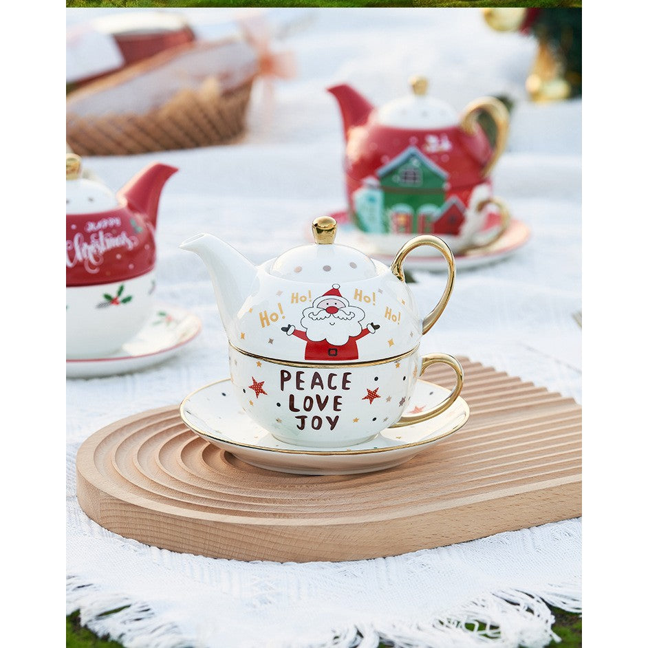 Set de Ceai, Kadeny, Tema Craciun, Ceainic 420 ml, Cana 310 ml, Farfurie, din Portelan, Model Mos Craciun, Alb