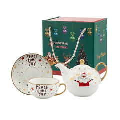 Set de Ceai, Kadeny, Tema Craciun, Ceainic 420 ml, Cana 310 ml, Farfurie, din Portelan, Model Mos Craciun, Alb