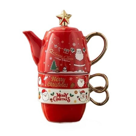 Set de Ceai, Kadeny, Tema Craciun, Ceainic 450 ml, 2 Cani 250 ml, Model Mos Craciun, Rosu