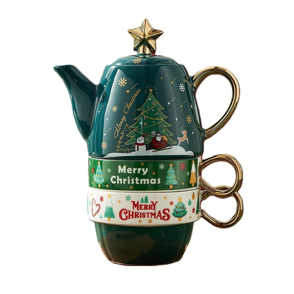Set de Ceai, Kadeny, Tema Craciun, Ceainic 450 ml, 2 x Cani 250 ml, din Ceramica, Model Brad, Verde/Turcoaz