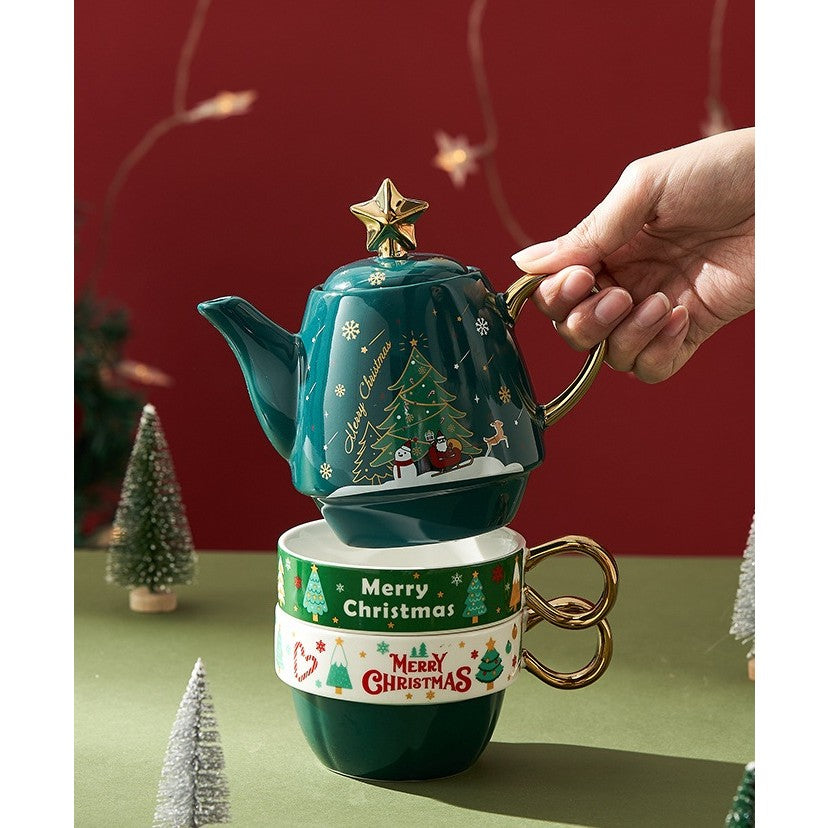 Set de Ceai, Kadeny, Tema Craciun, Ceainic 450 ml, 2 x Cani 250 ml, din Ceramica, Model Brad, Verde/Turcoaz