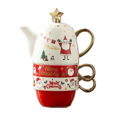 Set de Ceai, Kadeny, Tema Craciun, Ceainic 450 ml, 2 x Cani 250 ml, din Ceramica, Model Mos Craciun/Santa Claus, Alb/Rosu