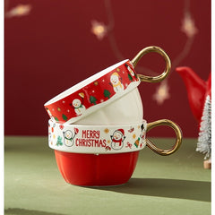 Set de Ceai, Kadeny, Tema Craciun, Ceainic 450 ml, 2 x Cani 250 ml, din Ceramica, Model Mos Craciun/Santa Claus, Alb/Rosu