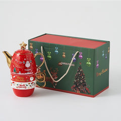 Set de Ceai, Kadeny, Tema Craciun, Ceainic 450 ml, 2 x Cani 250 ml, din Ceramica, Model Mos Craciun/Santa Claus, Alb/Rosu