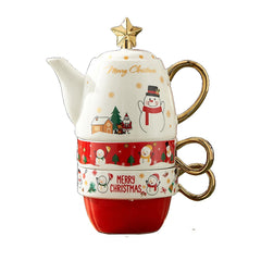 Set de Ceai, Kadeny, Tema Craciun, Ceainic 450 ml, 2 x Cani 250 ml, din Ceramica, Model Om de Zapada, Alb/Rosu