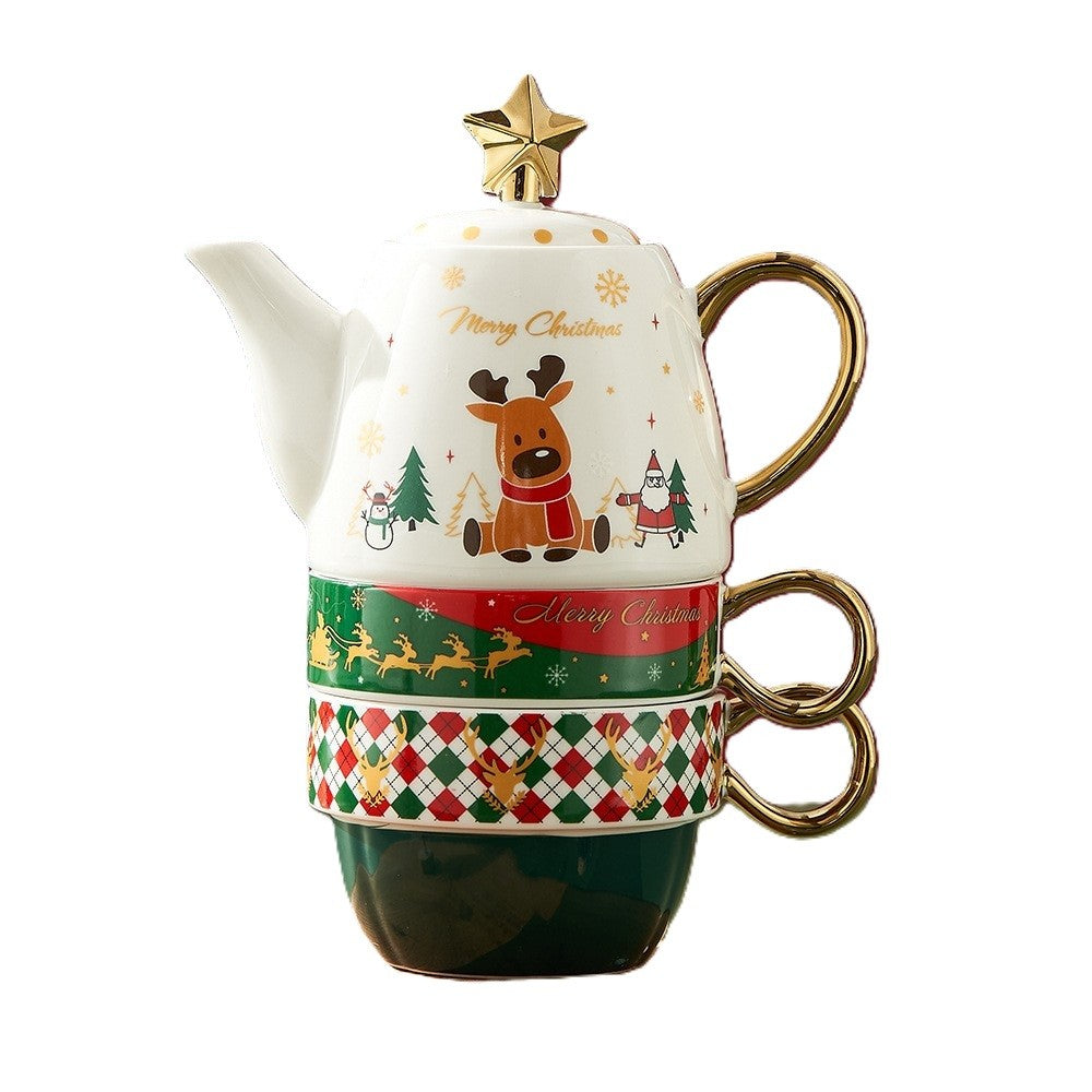 Set de Ceai, Kadeny, Tema Craciun, Ceainic 450 ml, 2 x Cani 250 ml, din Ceramica, Model Ren Merry Christmas, Alb/Verde