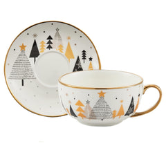 Set de Ceai, Kadeny, Tema Craciun, Ceainic 420 ml, Cana 310 ml, Farfurie, din Portelan, Model Joy, Alb