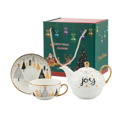 Set de Ceai, Kadeny, Tema Craciun, Ceainic 420 ml, Cana 310 ml, Farfurie, din Portelan, Model Joy, Alb