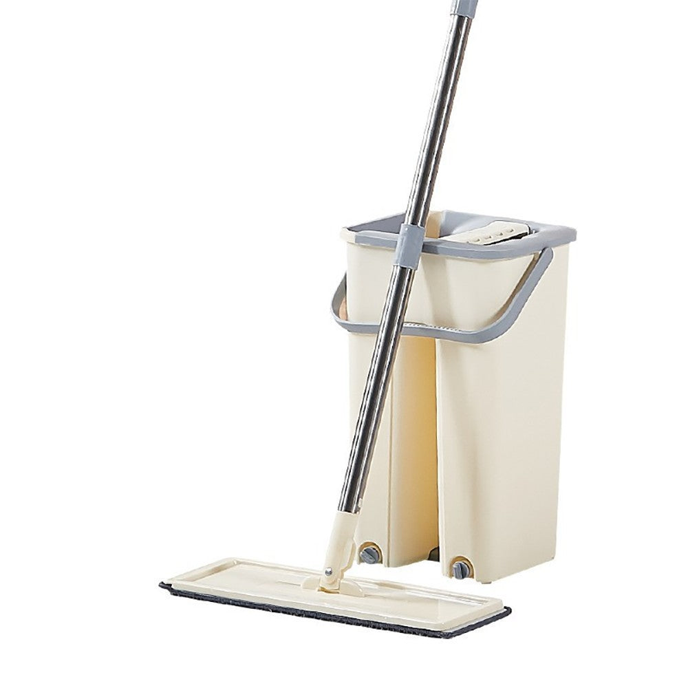 Set de curatenie Kaveny, mop si galeata, galeata 6 l, 2 rezerve microfibra incluse, design modern, pentru interior, material plastic, peri sintetici, plat, cu storcere, bej