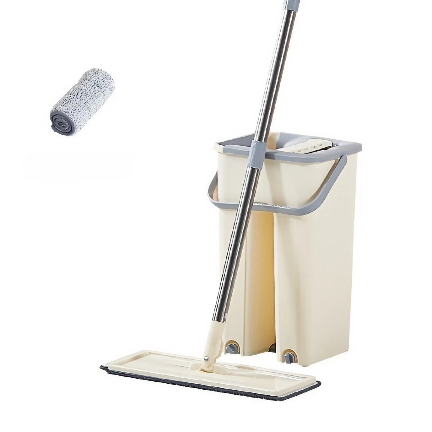 Set de curatenie Kaveny, mop si galeata, galeata 6 l, 2 rezerve microfibra incluse, design modern, pentru interior, material plastic, peri sintetici, plat, cu storcere, bej