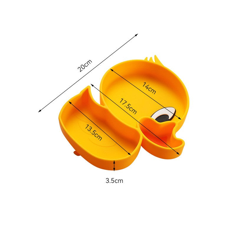 Set diversificare bebelusi Kaveny, din silicon, 20 x 17.5 cm, 1 farfurie compartimentata in forma de rata, lingurita si furculita, pai, perie pai, fara alergeni, ventuza fixare,  forma creativa,  galben