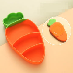 Set diversificare bebelusi Kaveny, din silicon, 23.5 x 12.5 cm, 1 farfurie compartimentata in forma de morcov, lingurita si furculita, pai, perie pai, fara alergeni, ventuza fixare,  forma creativa,  portocaliu