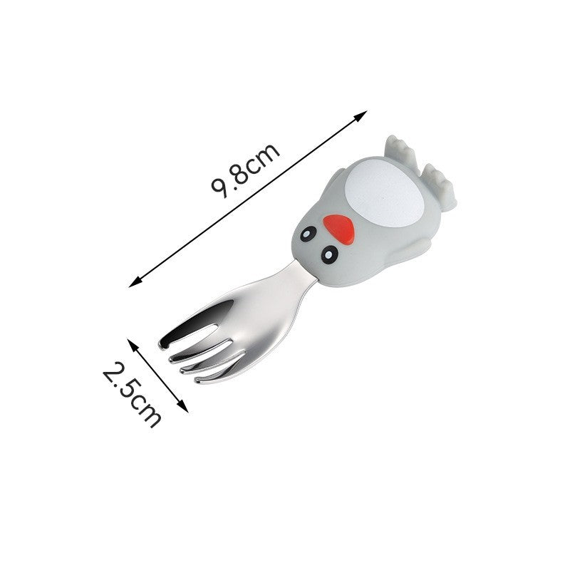 Set diversificare bebelusi Kaveny, din silicon, 23.5 x 12.5 cm, 1 farfurie compartimentata in forma de pinguin, lingurita si furculita, pai, perie pai, fara alergeni, ventuza fixare,  forma creativa,  gri