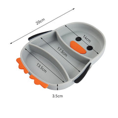 Set diversificare bebelusi Kaveny, din silicon, 23.5 x 12.5 cm, 1 farfurie compartimentata in forma de pinguin, lingurita si furculita, pai, perie pai, fara alergeni, ventuza fixare,  forma creativa,  gri