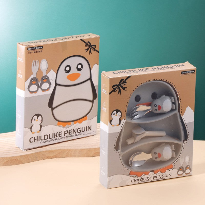Set diversificare bebelusi Kaveny, din silicon, 23.5 x 12.5 cm, 1 farfurie compartimentata in forma de pinguin, lingurita si furculita, pai, perie pai, fara alergeni, ventuza fixare,  forma creativa,  gri