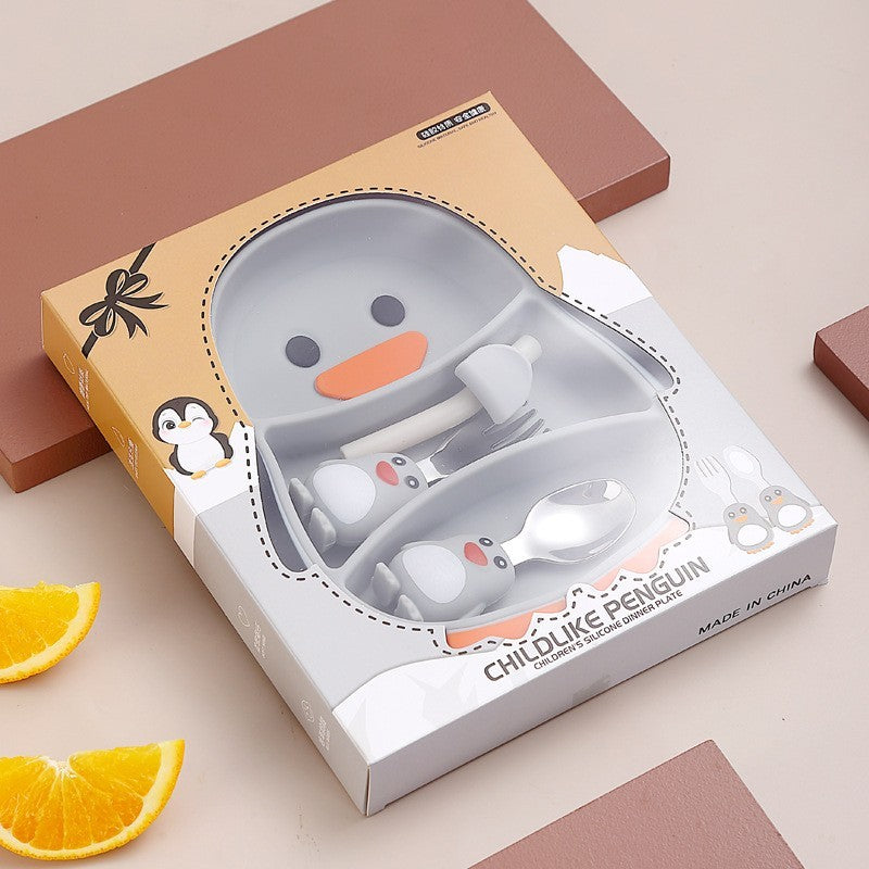 Set diversificare bebelusi Kaveny, din silicon, 23.5 x 12.5 cm, 1 farfurie compartimentata in forma de pinguin, lingurita si furculita, pai, perie pai, fara alergeni, ventuza fixare,  forma creativa,  gri