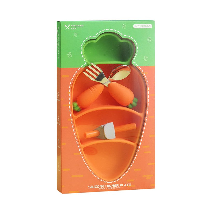 Set diversificare bebelusi Kaveny, din silicon, 23.5 x 12.5 cm, 1 farfurie compartimentata in forma de morcov, lingurita si furculita, pai, perie pai, fara alergeni, ventuza fixare,  forma creativa,  portocaliu