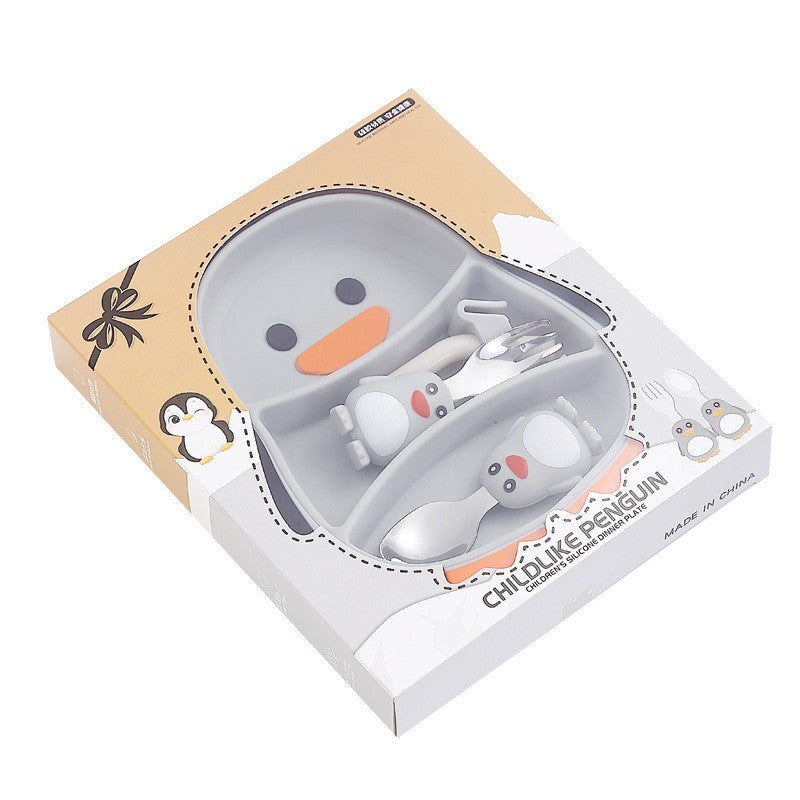 Set diversificare bebelusi Kaveny, din silicon, 23.5 x 12.5 cm, 1 farfurie compartimentata in forma de pinguin, lingurita si furculita, pai, perie pai, fara alergeni, ventuza fixare,  forma creativa,  gri