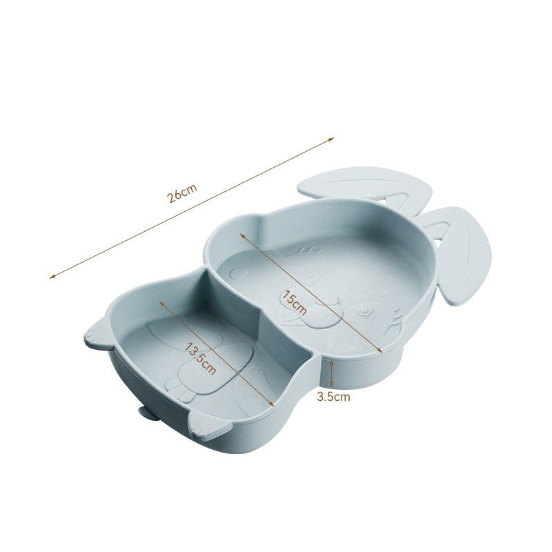 Set diversificare bebelusi Kaveny, din silicon, 26 x 15 cm, 1 farfurie compartimentata in forma de iepure, lingurita si furculita, pai, perie pai, fara alergeni, ventuza fixare,  forma creativa,  bleumarin