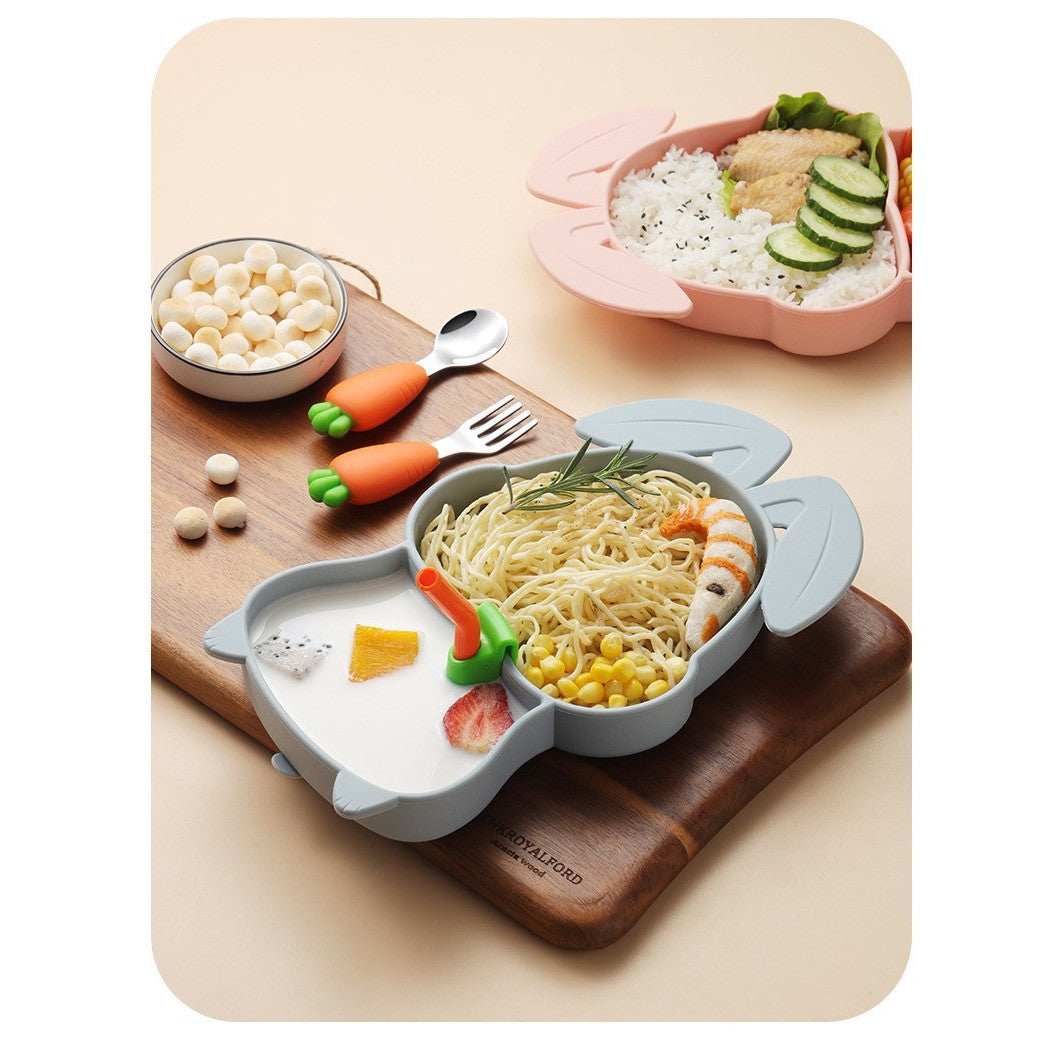 Set diversificare bebelusi Kaveny, din silicon, 26 x 15 cm, 1 farfurie compartimentata in forma de iepure, lingurita si furculita, pai, perie pai, fara alergeni, ventuza fixare,  forma creativa,  bleumarin