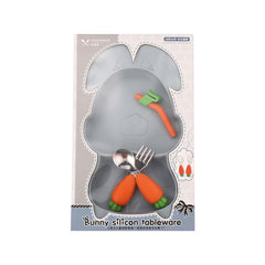 Set diversificare bebelusi Kaveny, din silicon, 26 x 15 cm, 1 farfurie compartimentata in forma de iepure, lingurita si furculita, pai, perie pai, fara alergeni, ventuza fixare,  forma creativa,  bleumarin