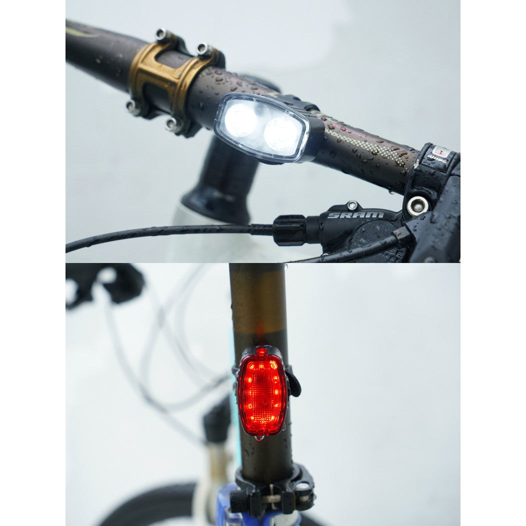 Set far si stop spate LED bicicleta, Kaveny, incarcare USB, rezistent la apa, 4 moduri de luminare, Plastic, Alb/Rosu, 10x6x4 cm