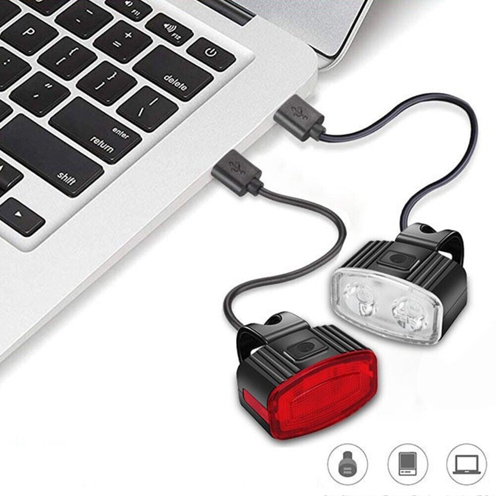 Set far si stop spate LED bicicleta, Kaveny, incarcare USB, rezistent la apa, 4 moduri de luminare, Plastic, Alb/Rosu, 10x6x4 cm