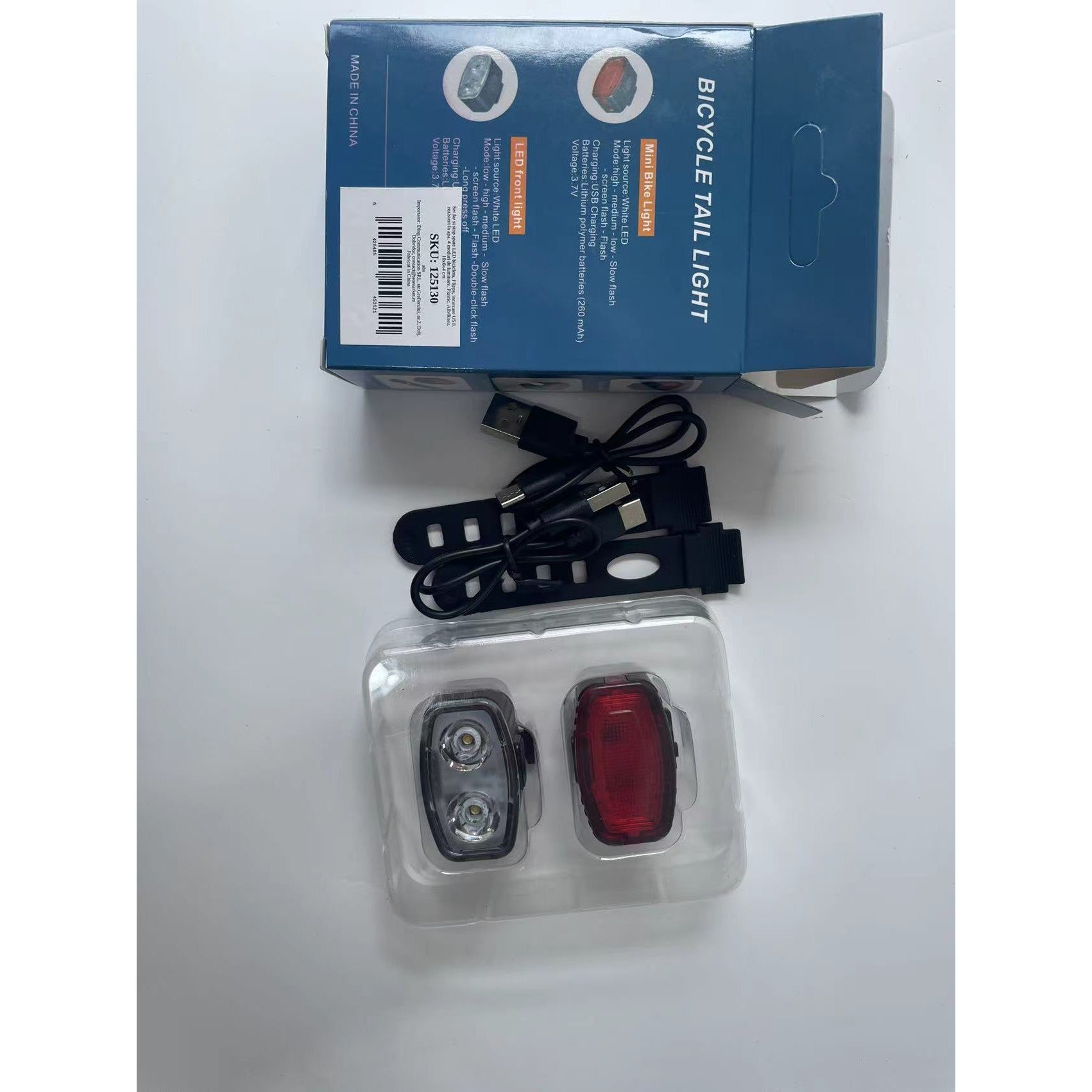 Set far si stop spate LED bicicleta, Kaveny, incarcare USB, rezistent la apa, 4 moduri de luminare, Plastic, Alb/Rosu, 10x6x4 cm