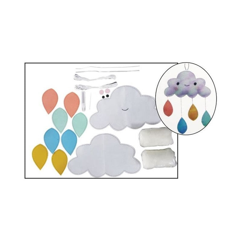 Set accesorii creatie nori fetru, 14cm, dublu, ac plastic, ata, lipici, vata sintetica, instructiuni