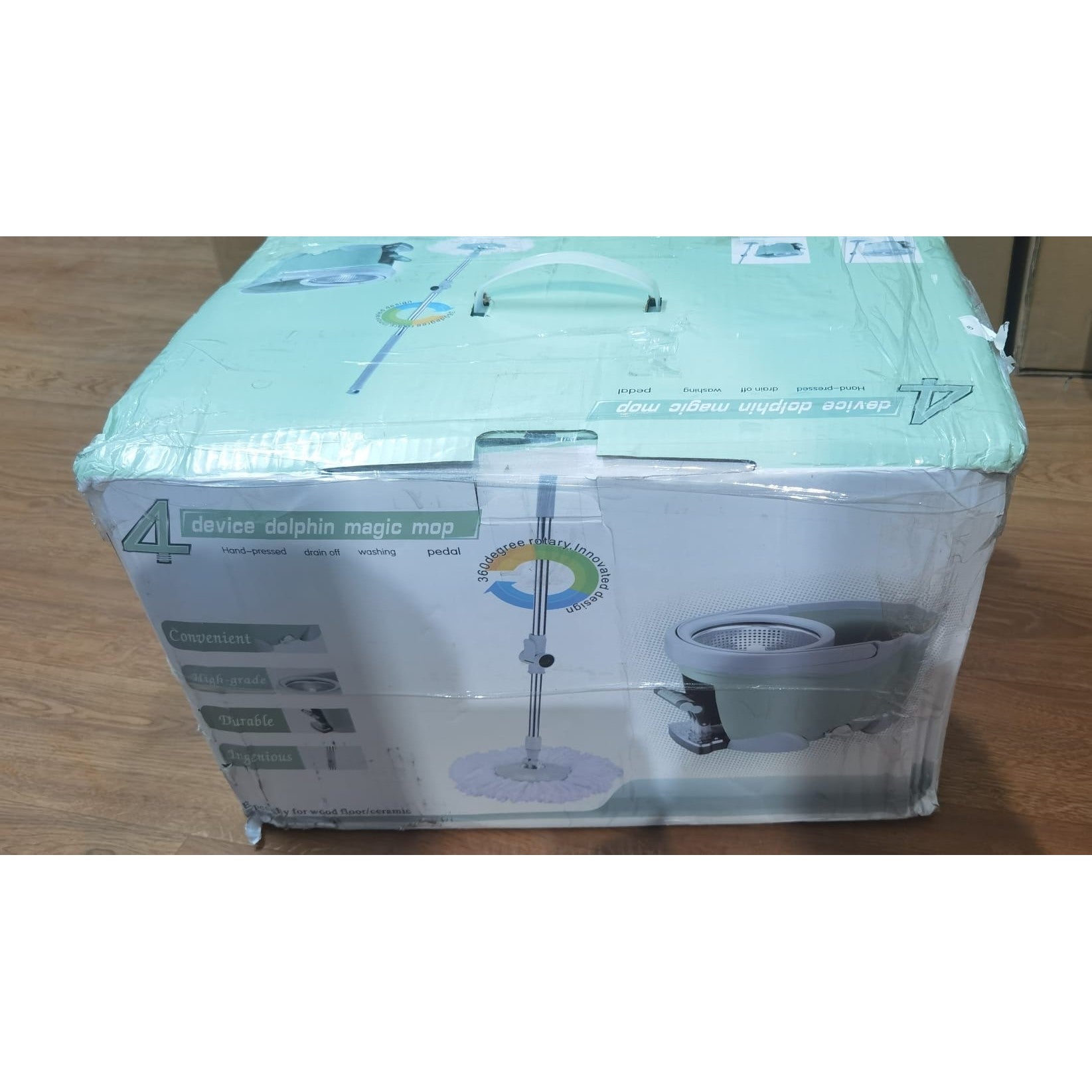 Set Galeata si Mop Rotativ 360°, Kaveny, Cu Dubla Actiune Centrifuga, Pentru Uz Casnic, Maner din Otel Inoxidabil Telescopic, 2 Capte din Bumbac, 46x27x29 cm, Alb, Resigilat