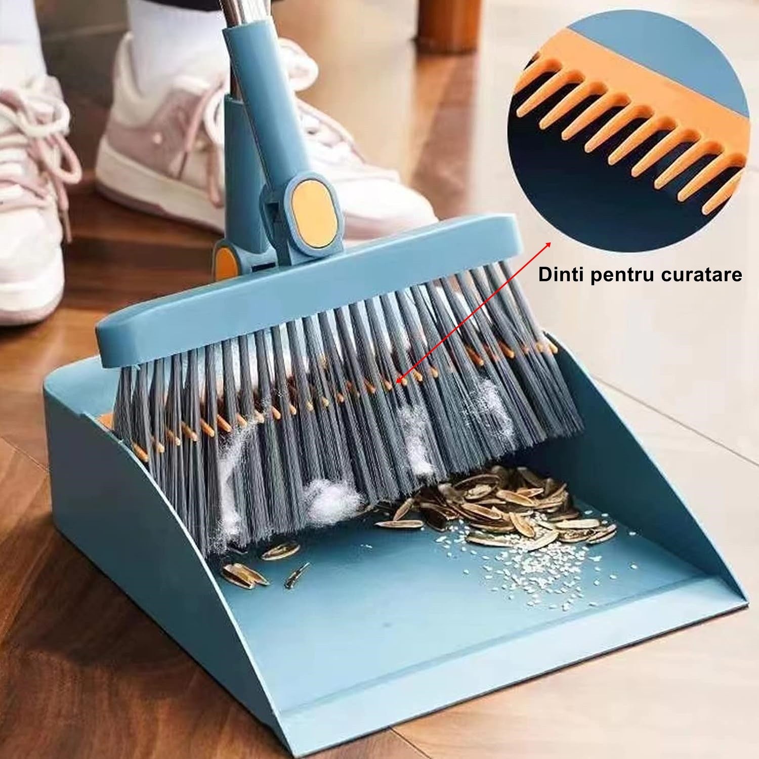 Set Matura si Faras cu Coada Kaveny, cu Dinti de Pieptene pentru Curatare Matura, rotativ, pliabil, detasabil, Otel inoxidabil si Polipropilena, albastru